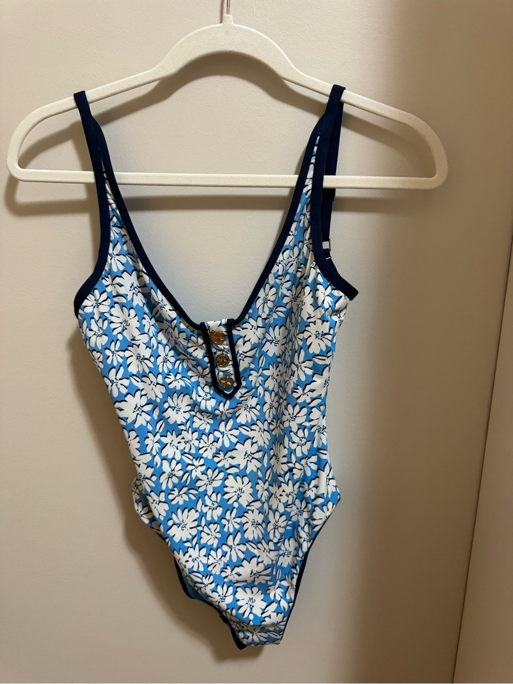 Lilly Pulitzer Blue and White Floral One-Piece Swimsuit with Navy Trim